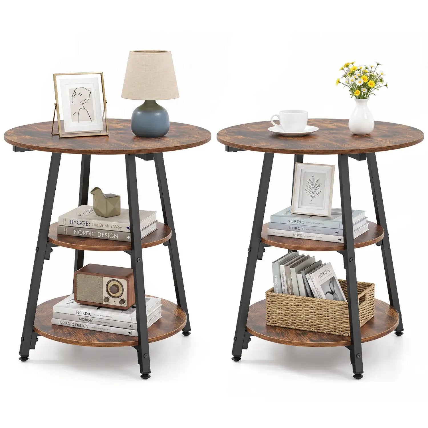 Industrial Side Tables Set of 2 with 3-Tier Shelves by DirectDeals