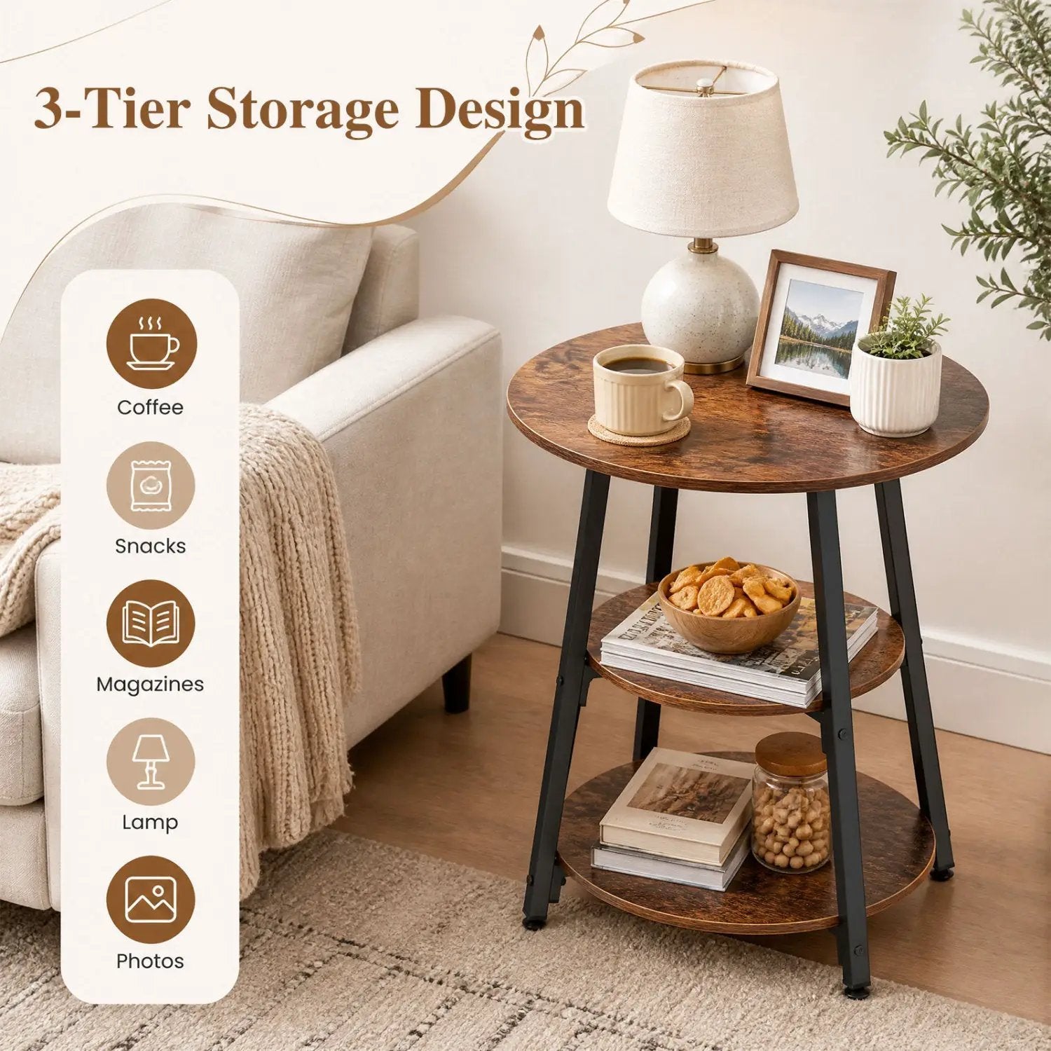 Industrial Side Tables Set of 2 with 3-Tier Shelves by DirectDeals