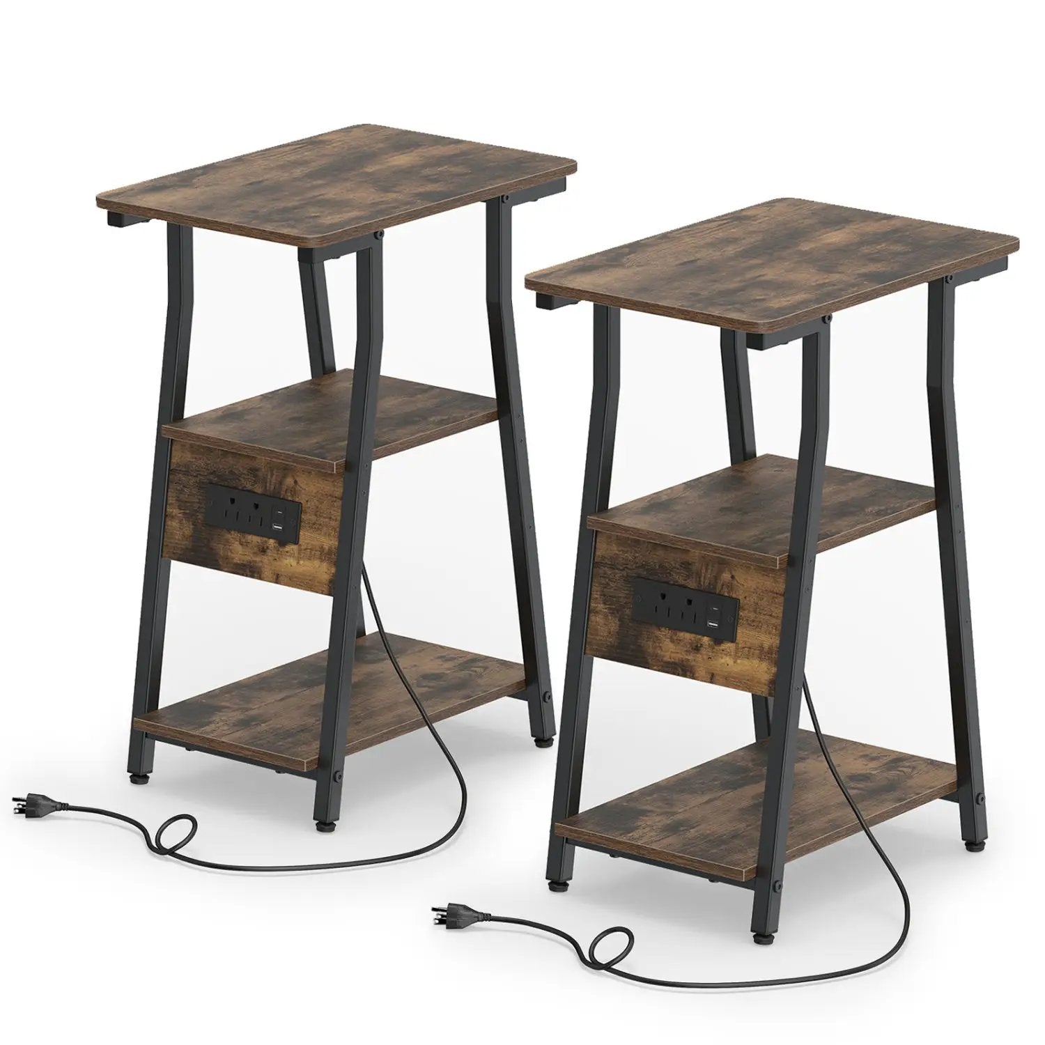 Industrial Side Table with Charging Station & 3-Tier Shelves by DirectDeals