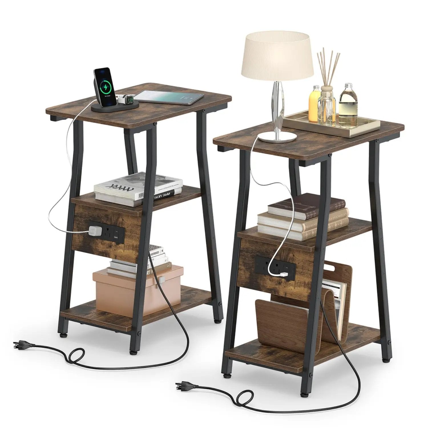 Industrial Side Table with Charging Station & 3-Tier Shelves by DirectDeals
