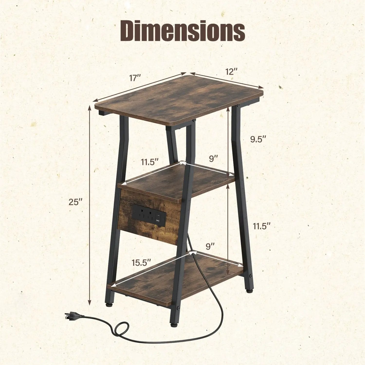 Industrial Side Table with Charging Station & 3-Tier Shelves by DirectDeals