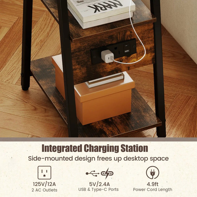 Industrial Side Table with Charging Station & 3-Tier Shelves by DirectDeals