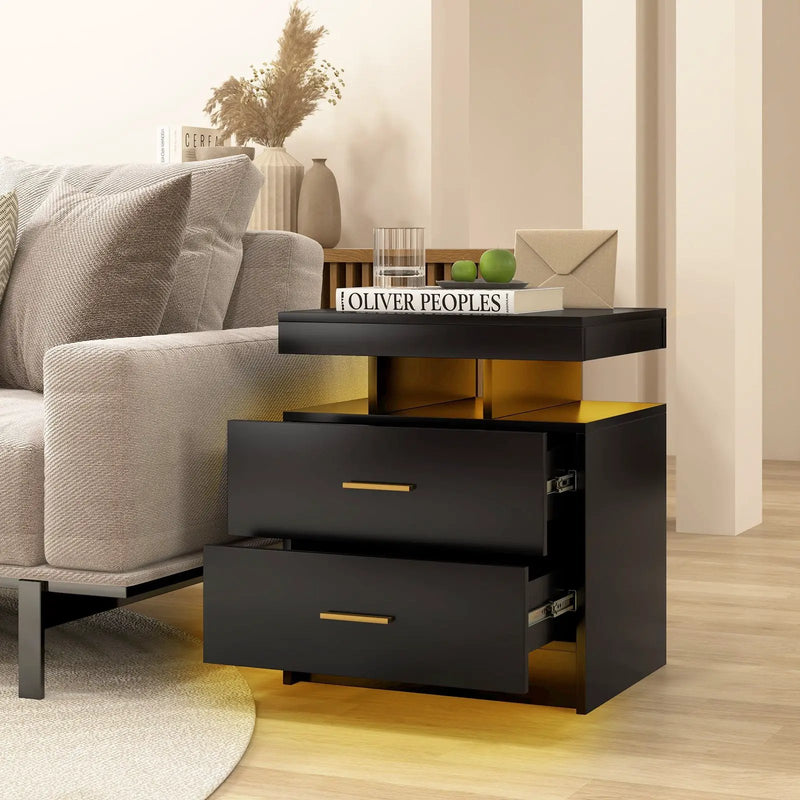 LED Nightstand with 2 Storage Drawers for Bedroom-Black by DirectDeals