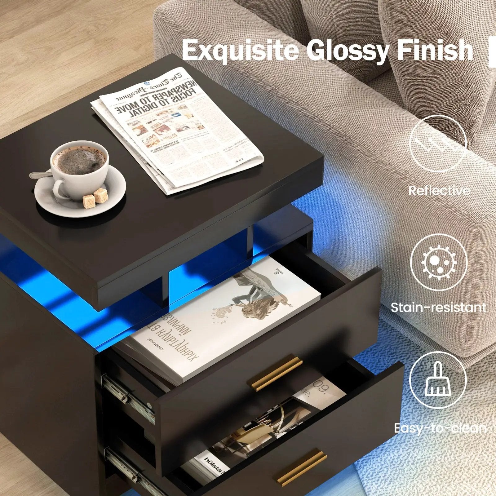 LED Nightstand with 2 Storage Drawers for Bedroom-Black by DirectDeals
