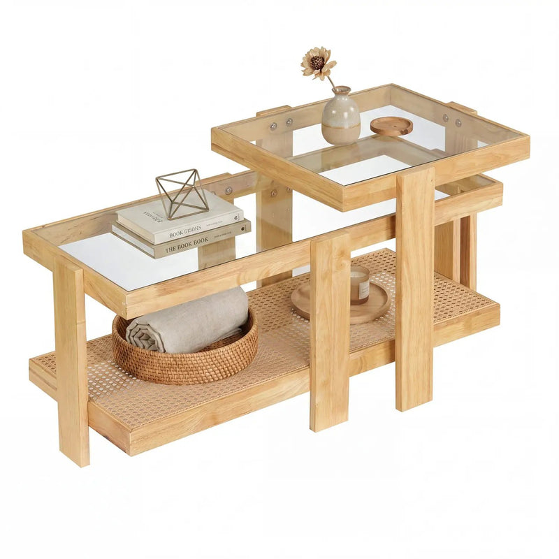 Nesting Coffee Tables Set of 2 with Rattan Shelf - Natural by DirectDeals