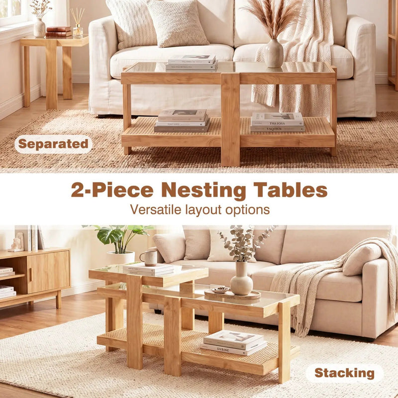 Nesting Coffee Tables Set of 2 with Rattan Shelf - Natural by DirectDeals