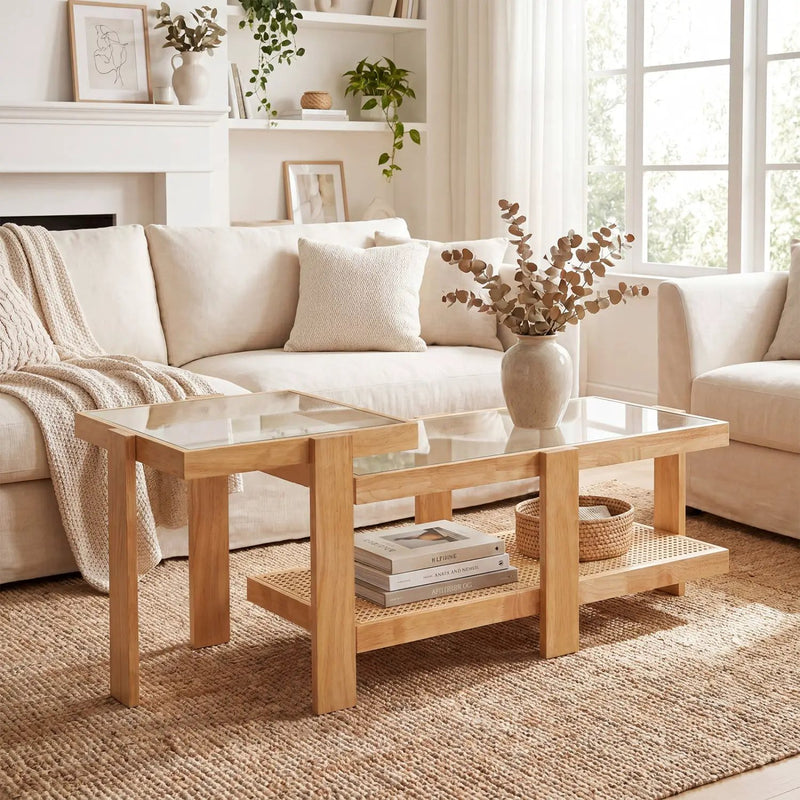 Nesting Coffee Tables Set of 2 with Rattan Shelf - Natural by DirectDeals