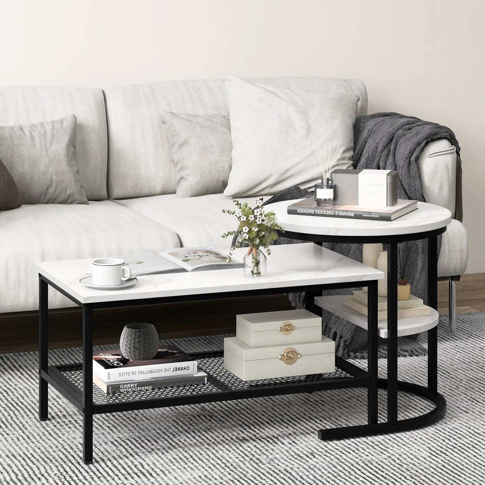 Set of 2 Nesting Coffee Table with Extra Storage Shelf for Living Room-Black by DirectDeals