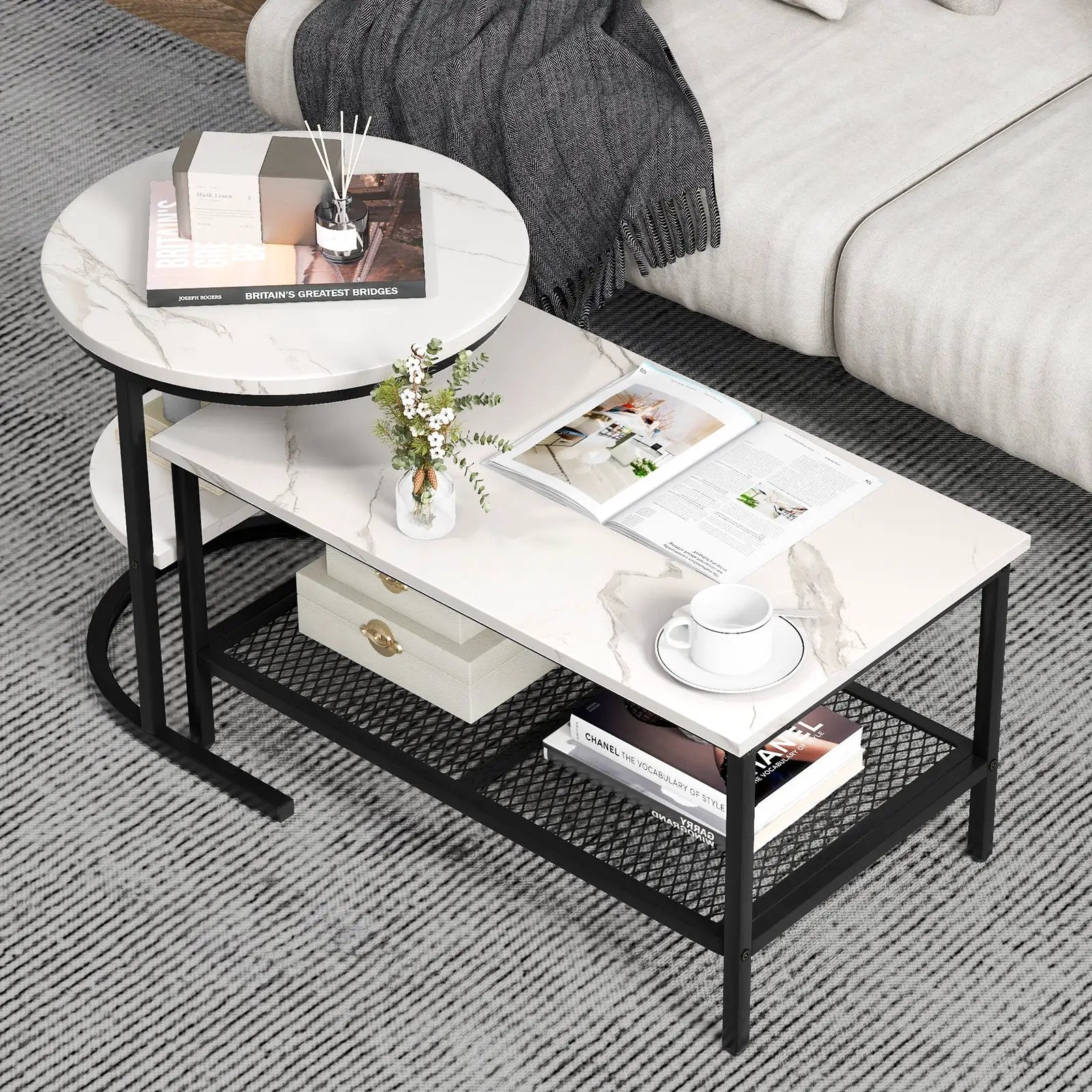 Set of 2 Nesting Coffee Table with Extra Storage Shelf for Living Room-Black by DirectDeals
