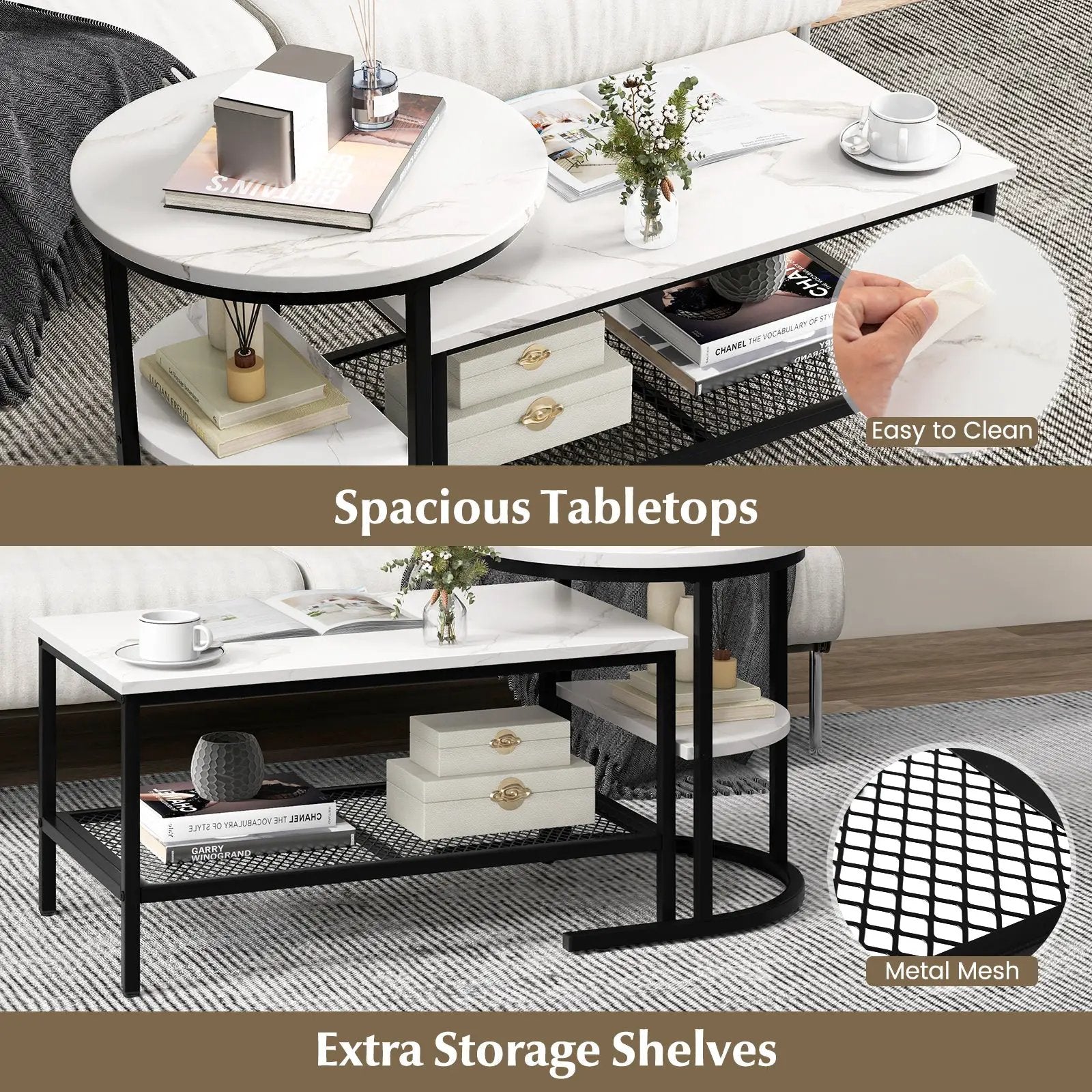Set of 2 Nesting Coffee Table with Extra Storage Shelf for Living Room-Black by DirectDeals