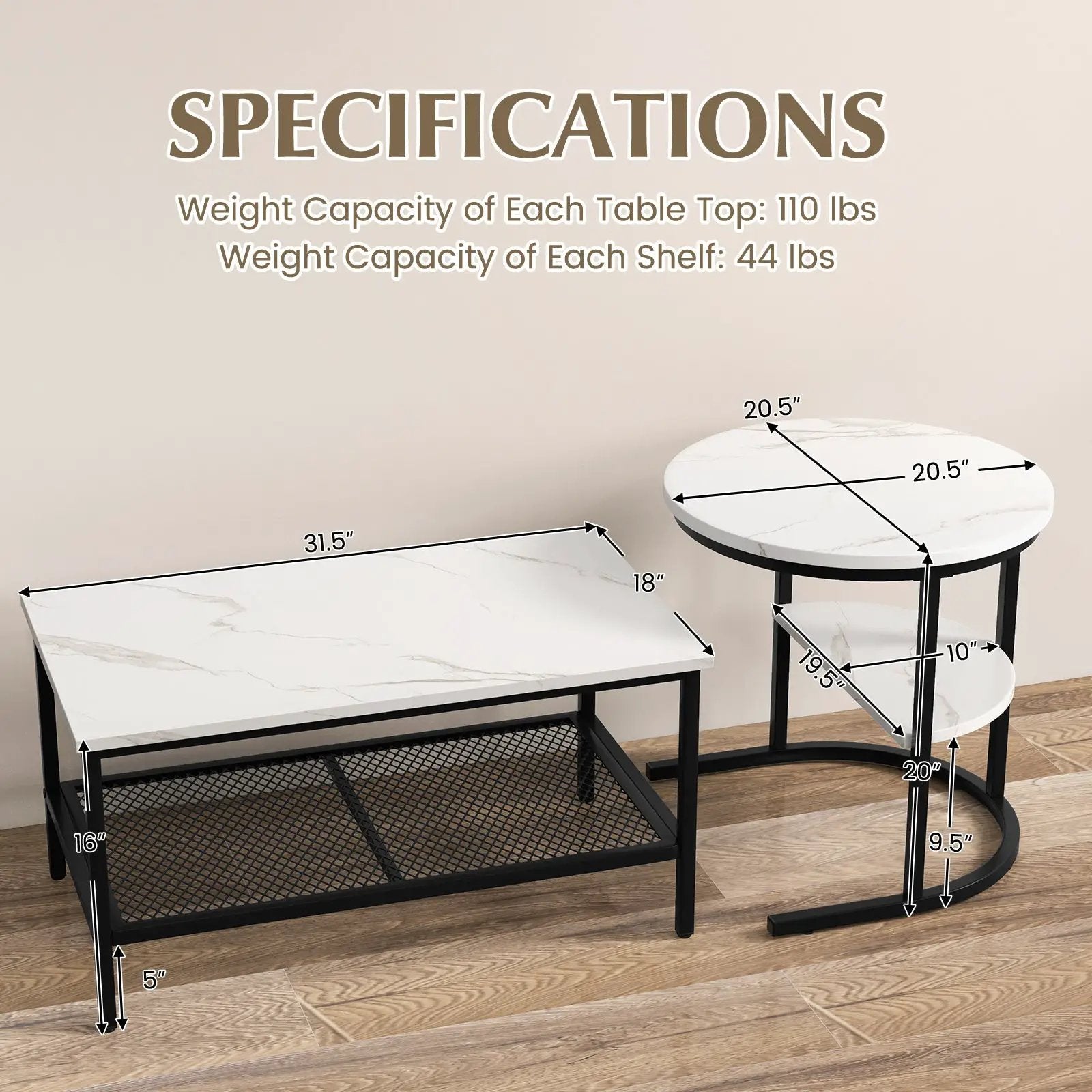 Set of 2 Nesting Coffee Table with Extra Storage Shelf for Living Room-Black by DirectDeals