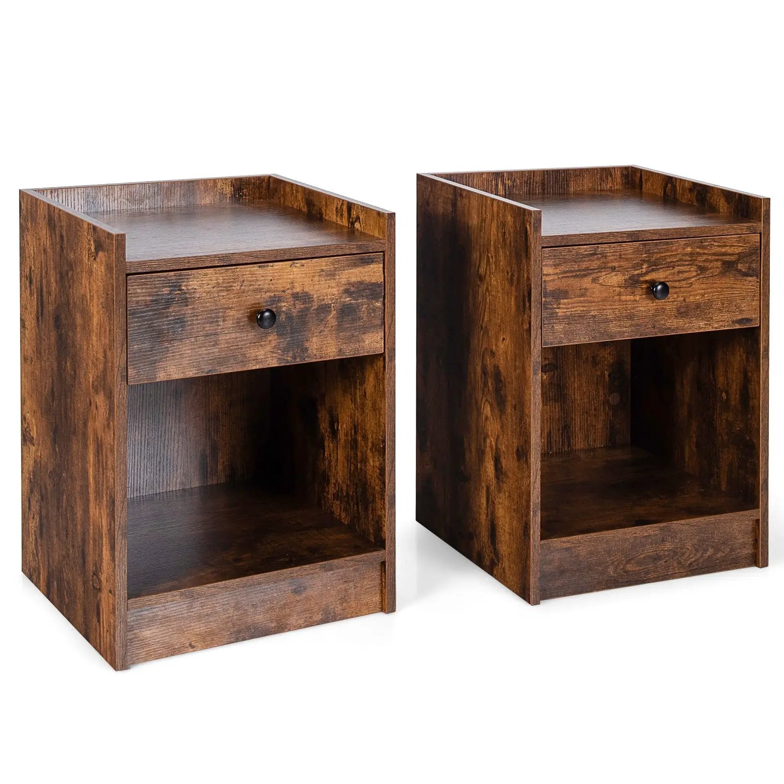 Set of 2 Nightstand with Drawer Cabinet End Side Table Raised Top by DirectDeals
