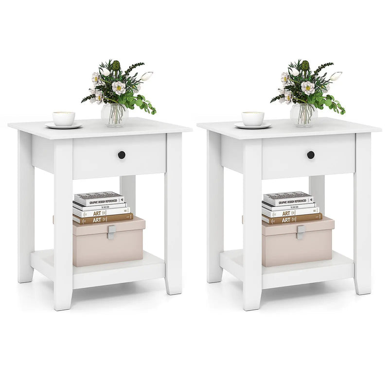 Set of 2 Nightstand with Drawer 3-Tier Modern Bedside Table with Open Shelf and Storage by DirectDeals