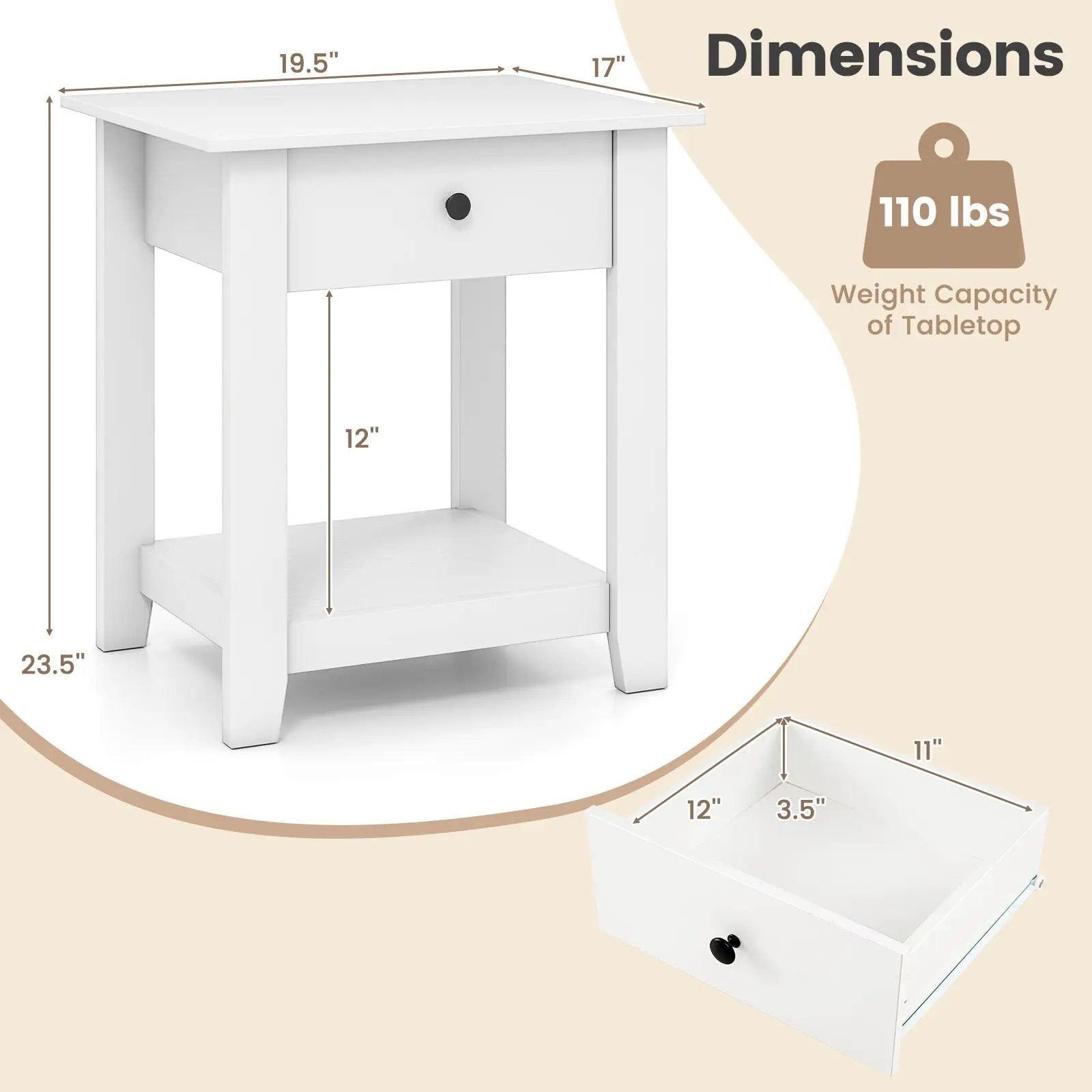 Set of 2 Nightstand with Drawer 3-Tier Modern Bedside Table with Open Shelf and Storage by DirectDeals