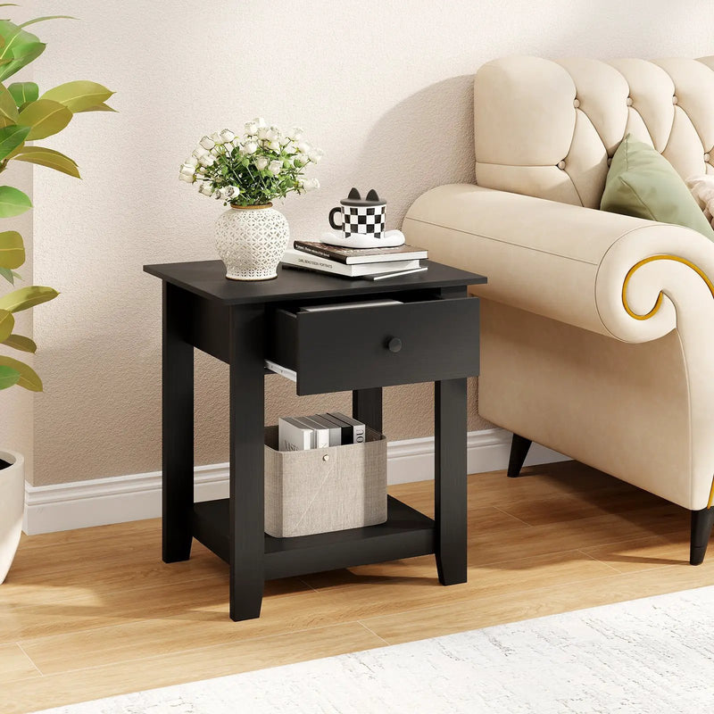 Set of 2 Nightstand with Drawer 3-Tier Modern Bedside Table with Open Shelf and Storage by DirectDeals