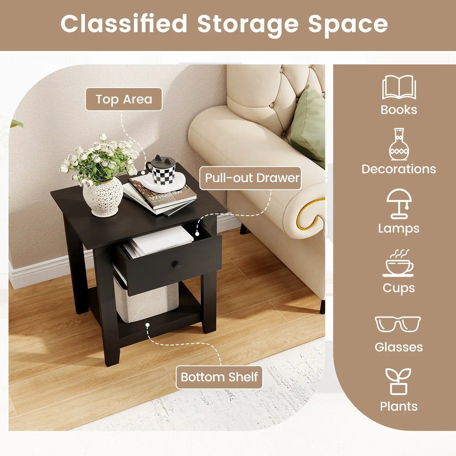 Set of 2 Nightstand with Drawer 3-Tier Modern Bedside Table with Open Shelf and Storage by DirectDeals
