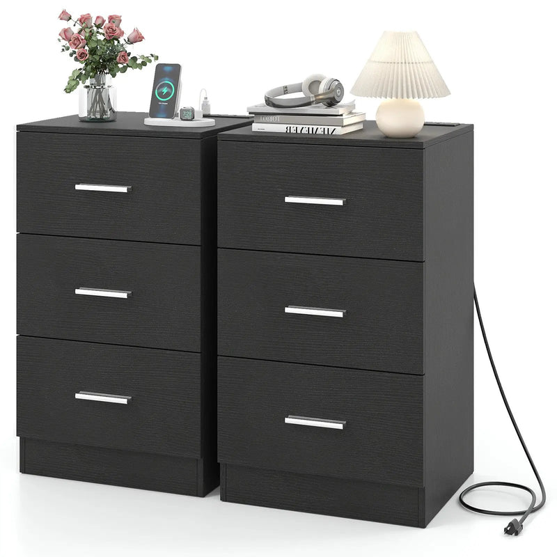 Set of 2 Nightstand with Charging Station End Table with 3 Storage Drawers Bedside Table for Bedroom by DirectDeals