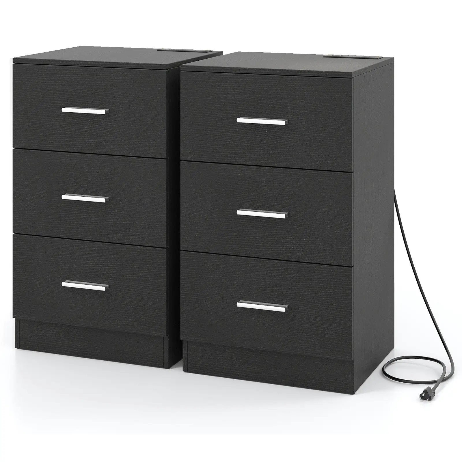 Set of 2 Nightstand with Charging Station End Table with 3 Storage Drawers Bedside Table for Bedroom by DirectDeals