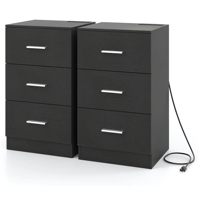 Set of 2 Nightstand with Charging Station End Table with 3 Storage Drawers Bedside Table for Bedroom by DirectDeals