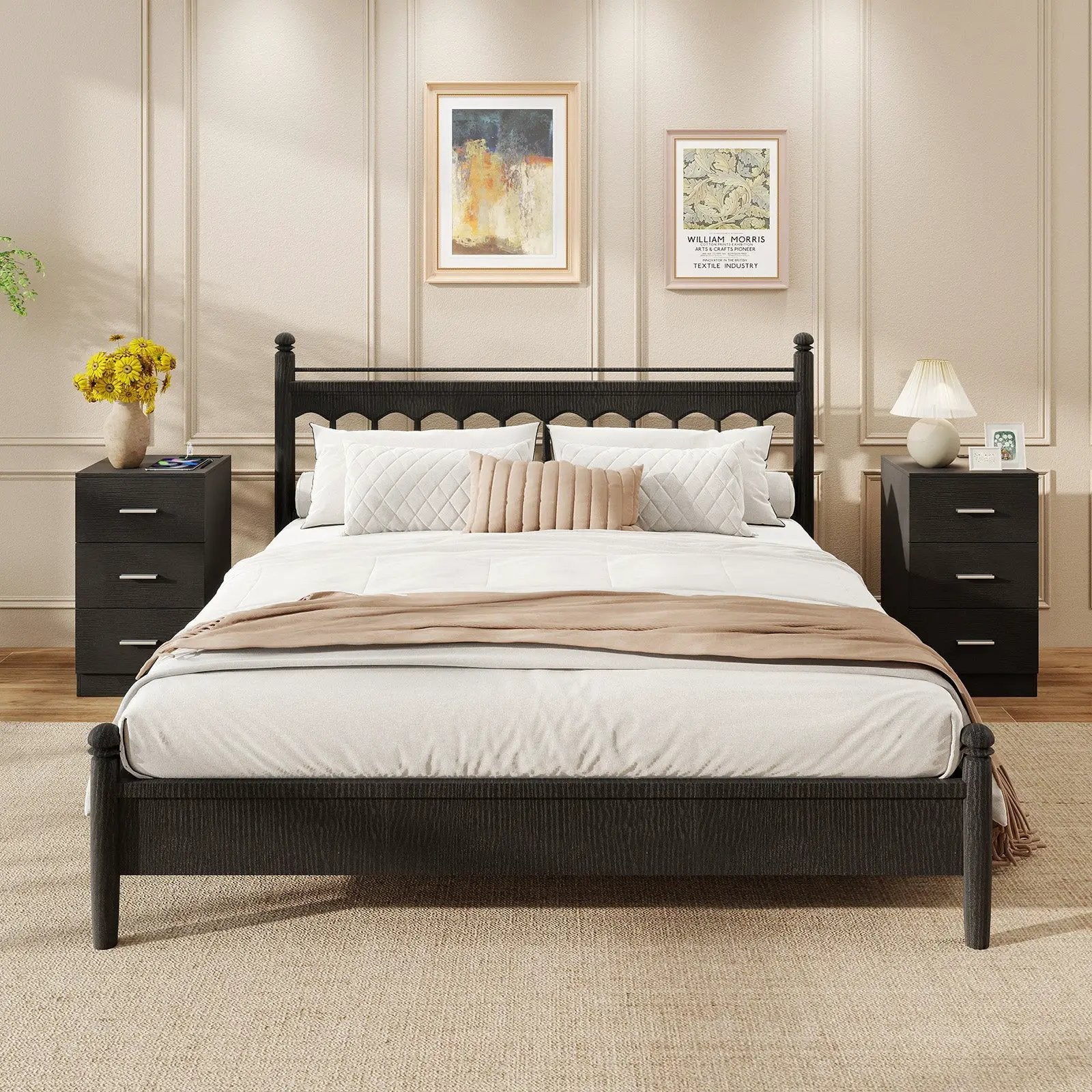 Set of 2 Nightstand with Charging Station End Table with 3 Storage Drawers Bedside Table for Bedroom by DirectDeals
