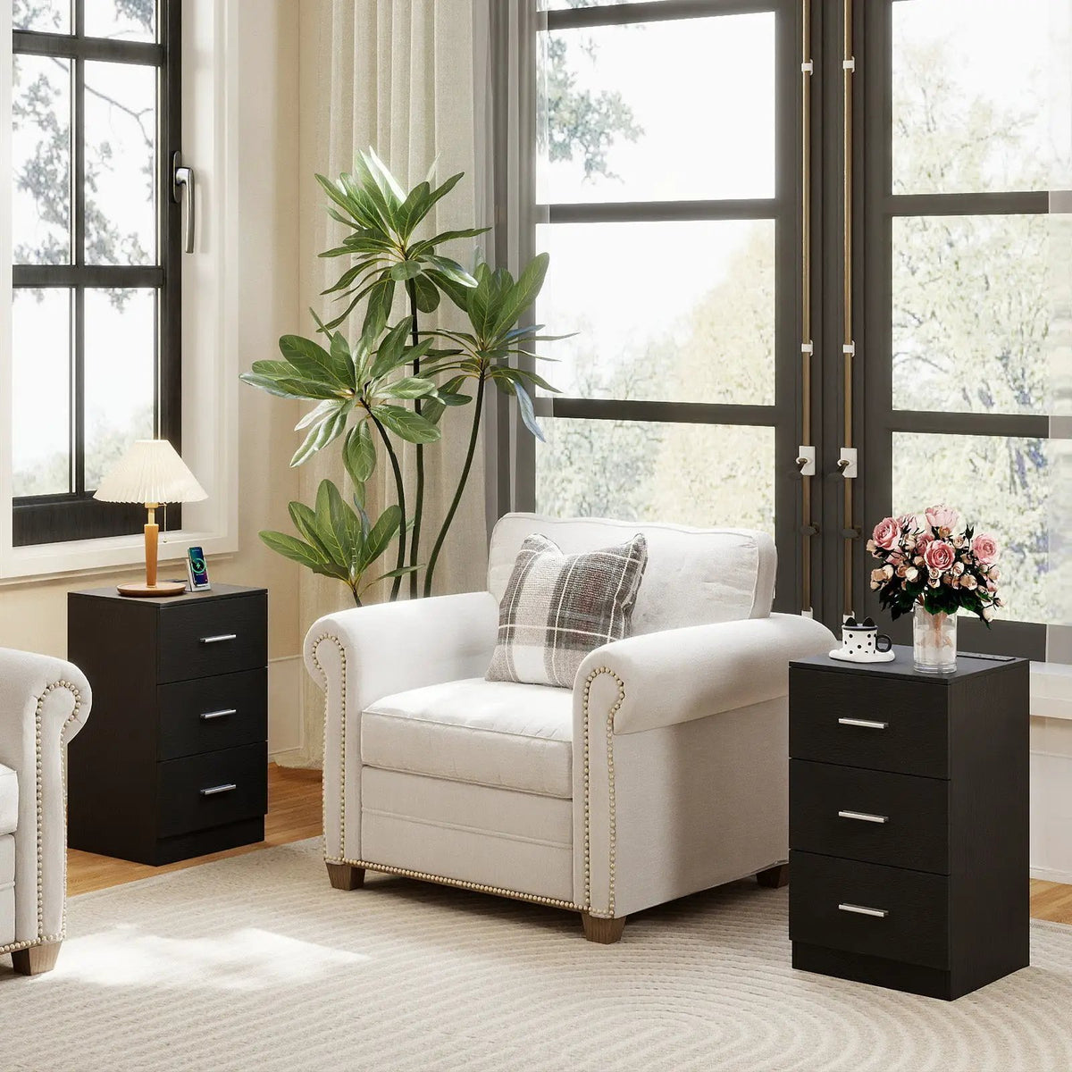 Set of 2 Nightstand with Charging Station End Table with 3 Storage Drawers Bedside Table for Bedroom