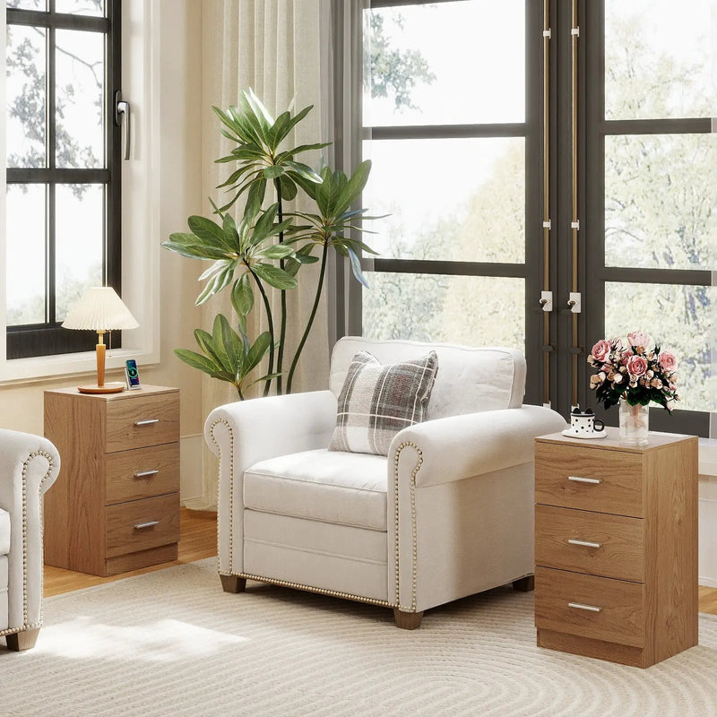 Set of 2 Nightstand with Charging Station End Table with 3 Storage Drawers Bedside Table for Bedroom by DirectDeals