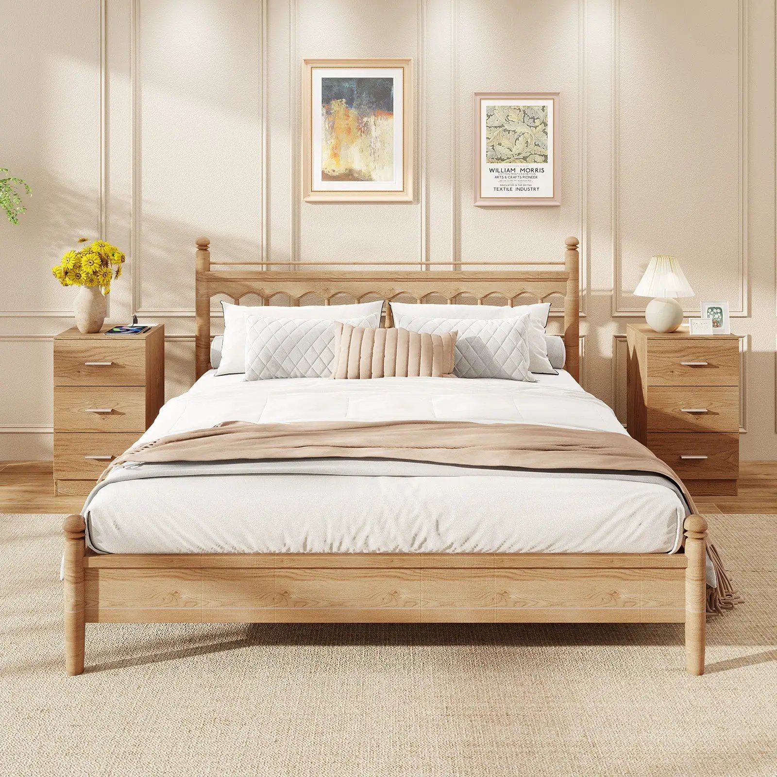 Set of 2 Nightstand with Charging Station End Table with 3 Storage Drawers Bedside Table for Bedroom by DirectDeals