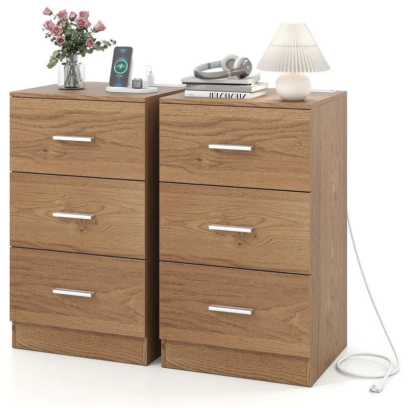 Set of 2 Nightstand with Charging Station End Table with 3 Storage Drawers Bedside Table for Bedroom by DirectDeals