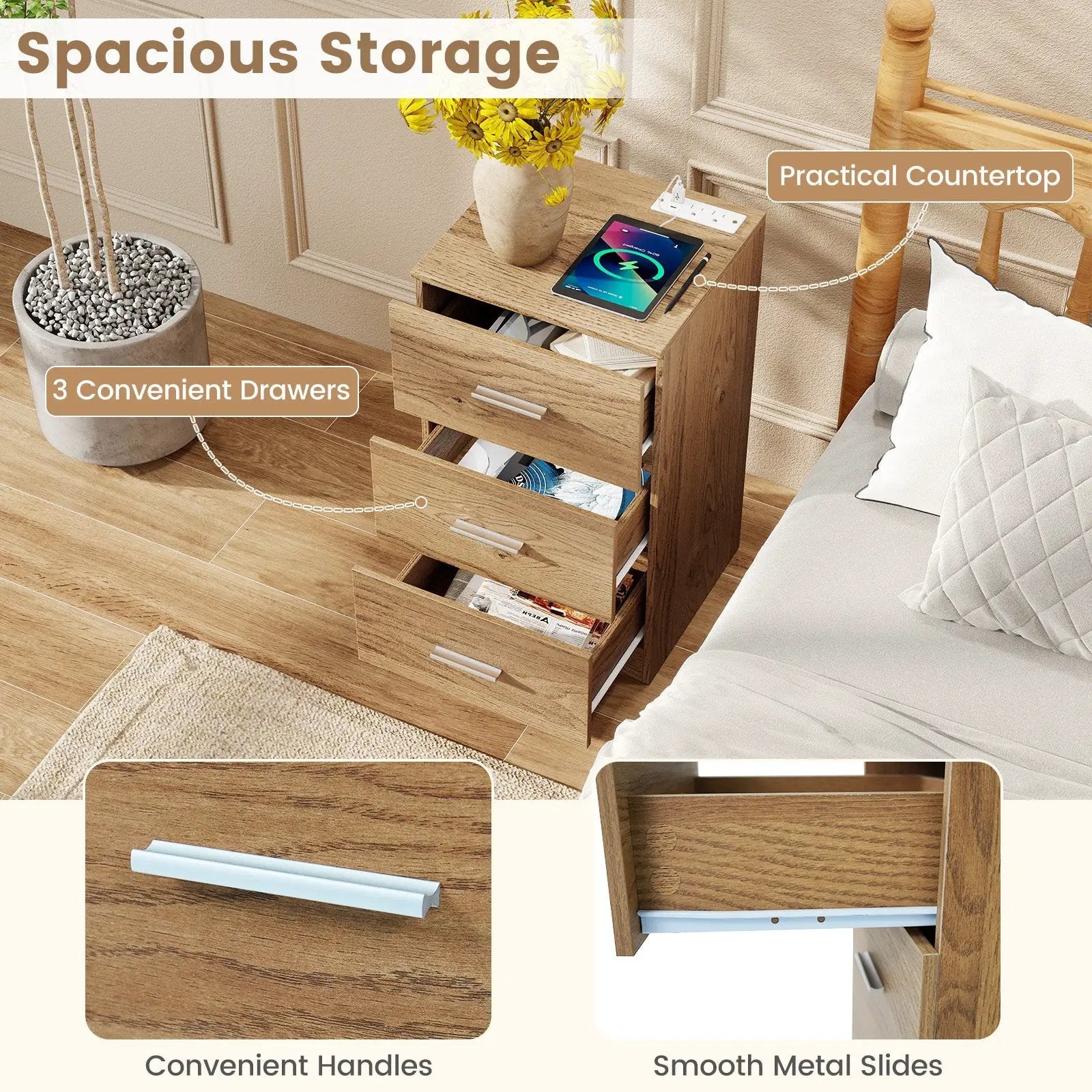Set of 2 Nightstand with Charging Station End Table with 3 Storage Drawers Bedside Table for Bedroom by DirectDeals