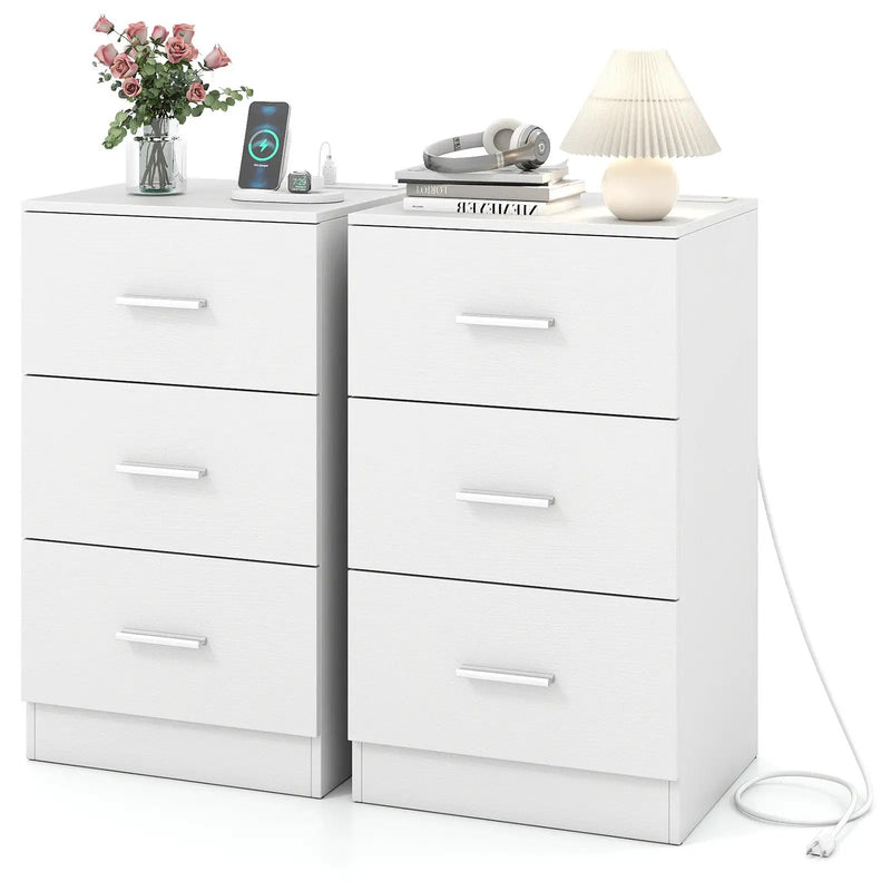 Set of 2 Nightstand with Charging Station End Table with 3 Storage Drawers Bedside Table for Bedroom by DirectDeals