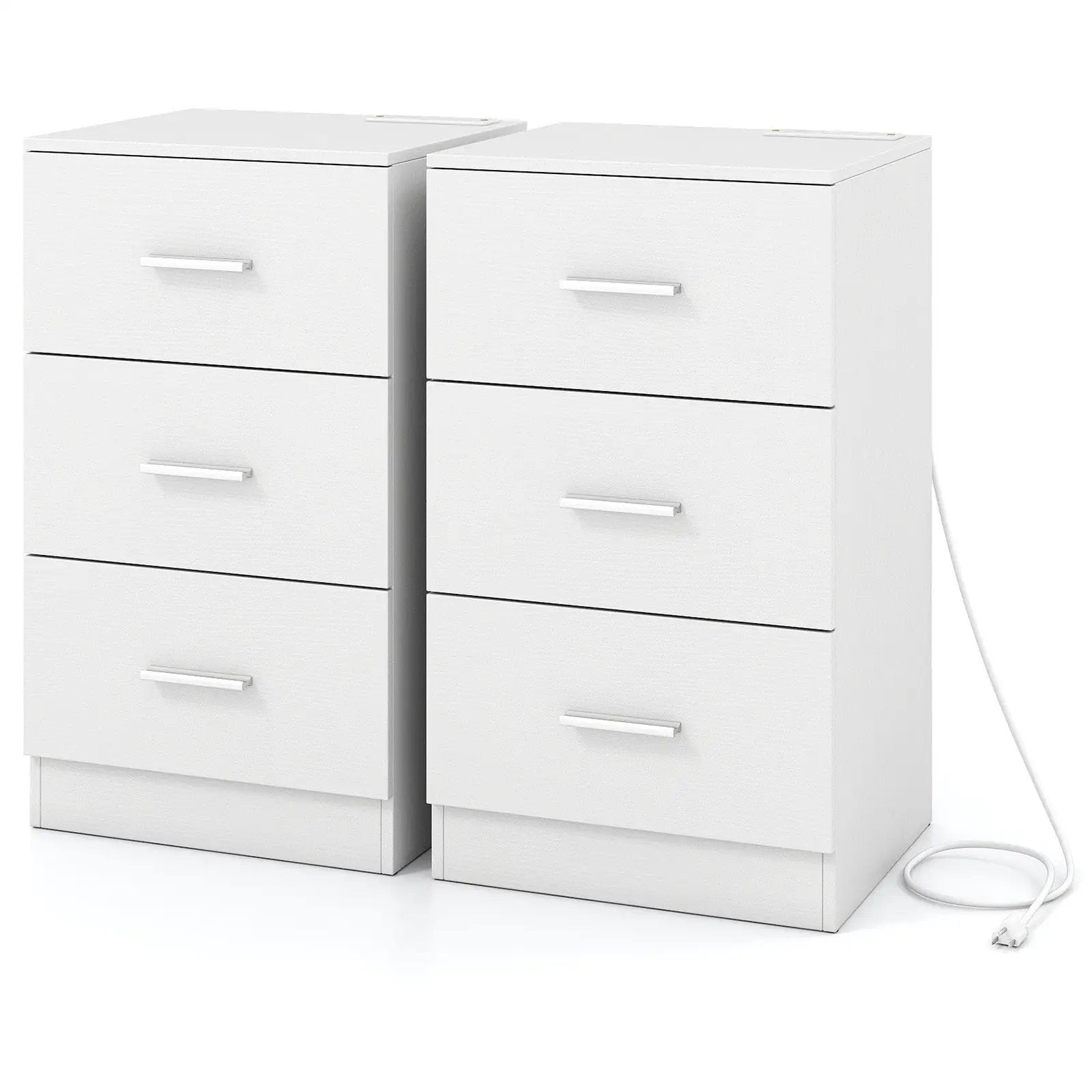 Set of 2 Nightstand with Charging Station End Table with 3 Storage Drawers Bedside Table for Bedroom by DirectDeals