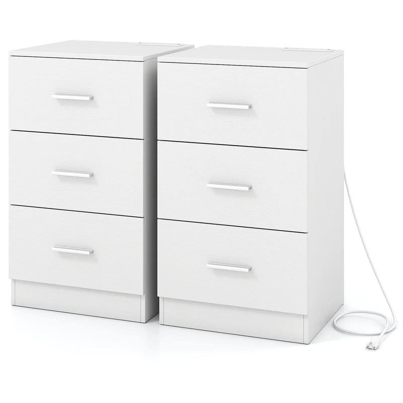 Set of 2 Nightstand with Charging Station End Table with 3 Storage Drawers Bedside Table for Bedroom by DirectDeals