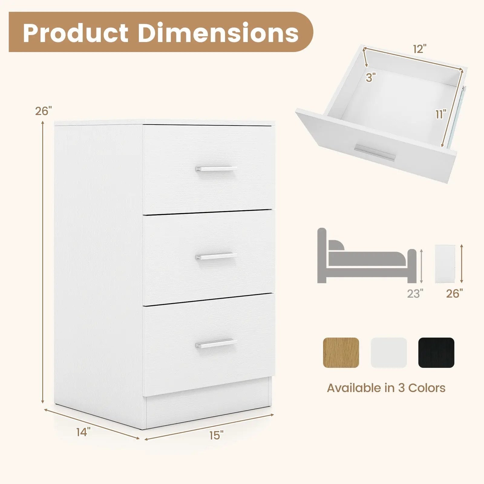 Set of 2 Nightstand with Charging Station End Table with 3 Storage Drawers Bedside Table for Bedroom by DirectDeals