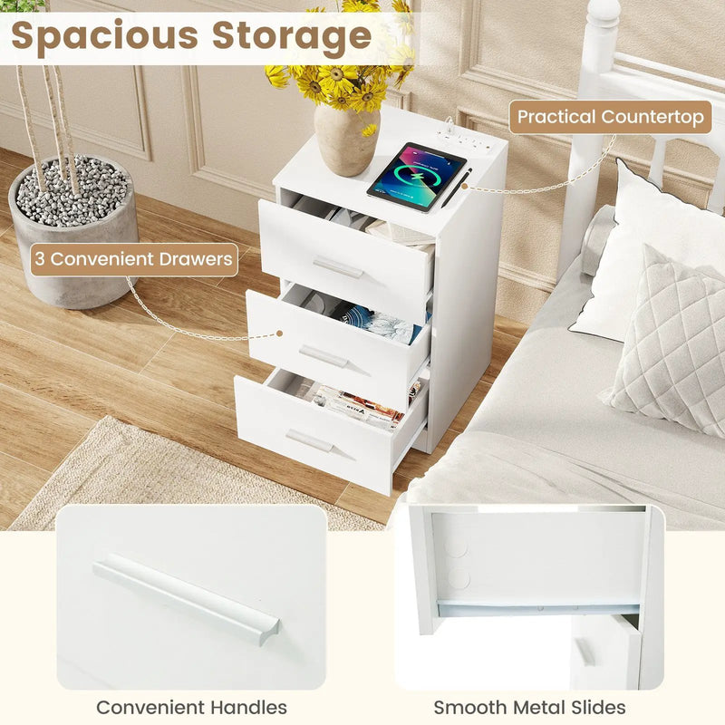 Set of 2 Nightstand with Charging Station End Table with 3 Storage Drawers Bedside Table for Bedroom by DirectDeals