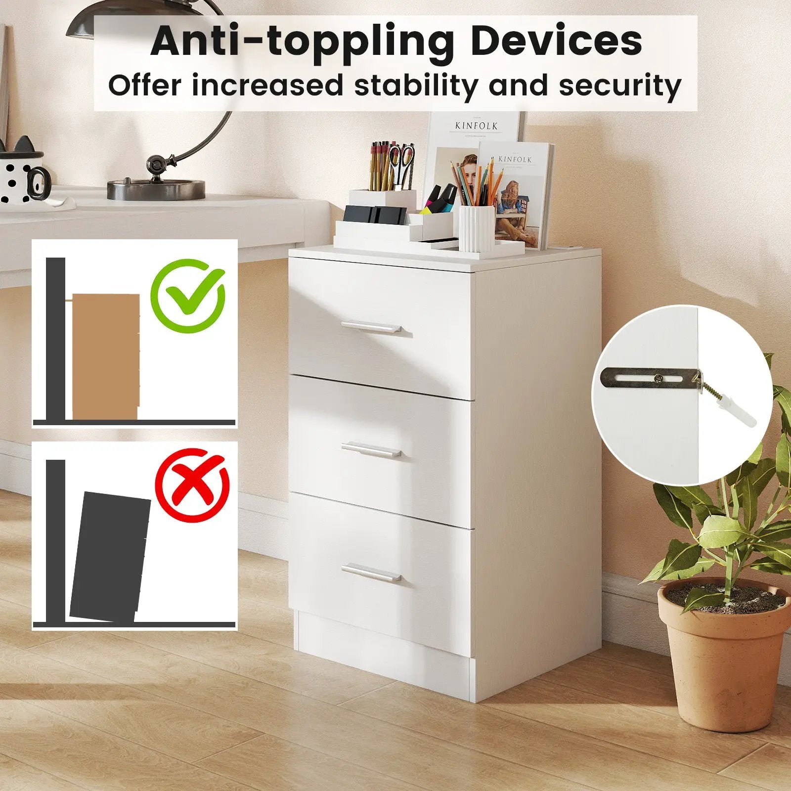 Set of 2 Nightstand with Charging Station End Table with 3 Storage Drawers Bedside Table for Bedroom by DirectDeals