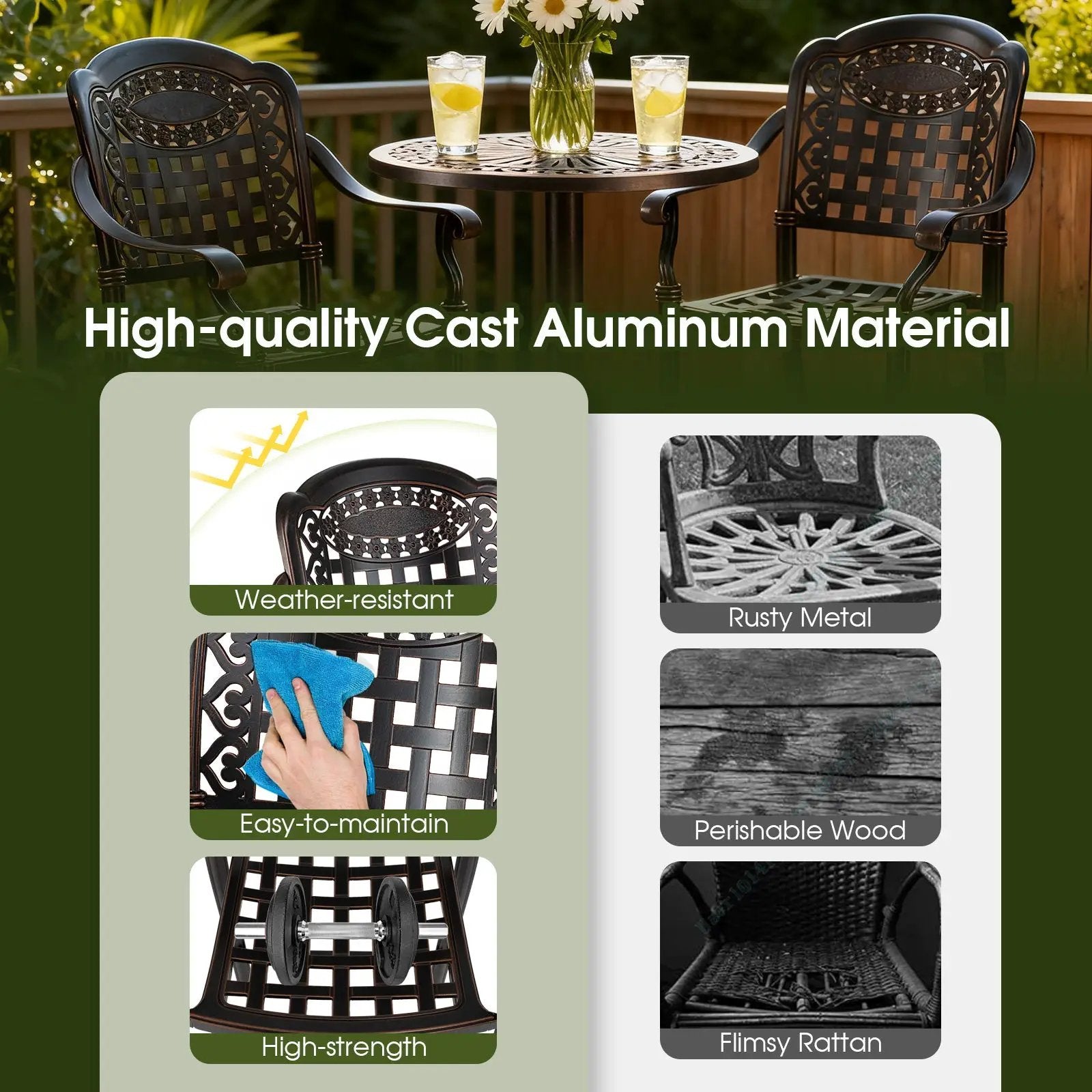 Set of 2 Outdoor Bar Stool 25.5 Inch Counter Height Cast Aluminum Bar Chairs-Copper by DirectDeals