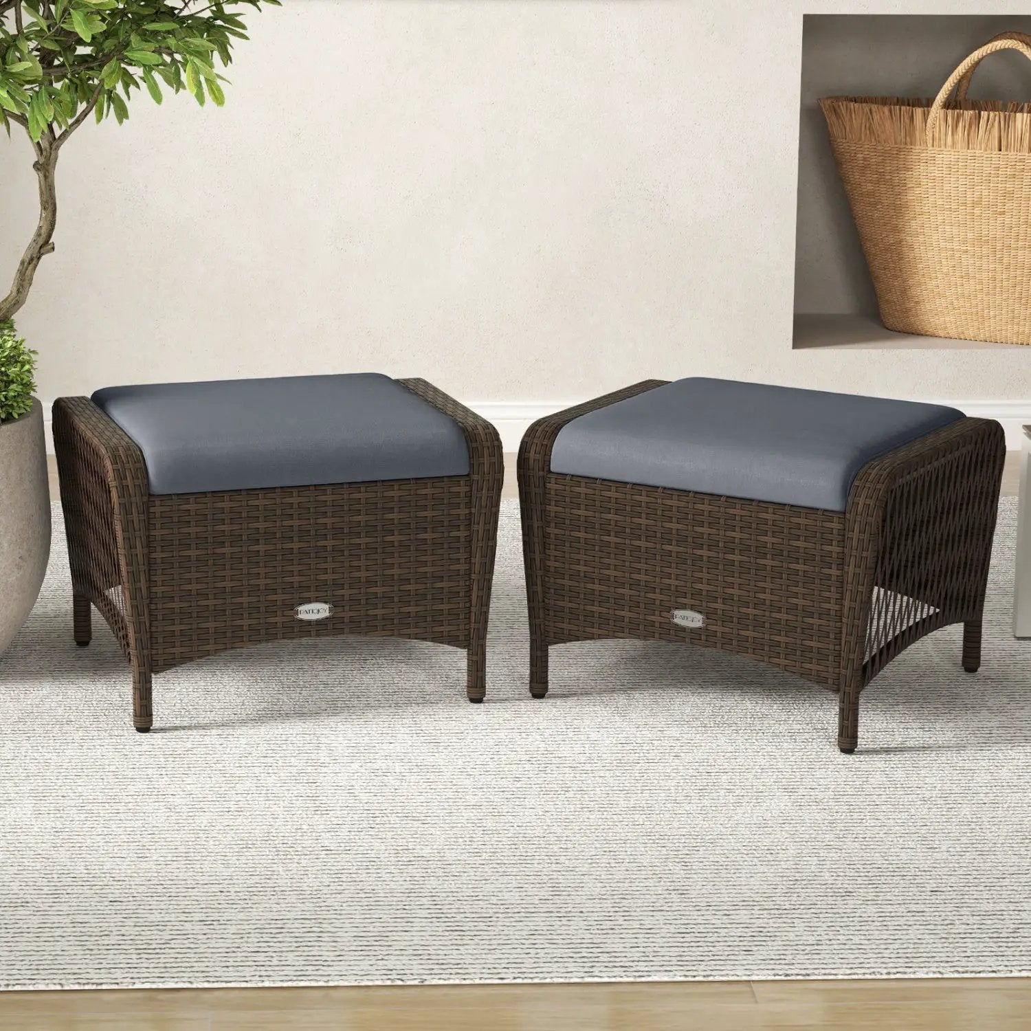 Outdoor PE Wicker Ottomans Set of 2 with Removable Cushions by DirectDeals