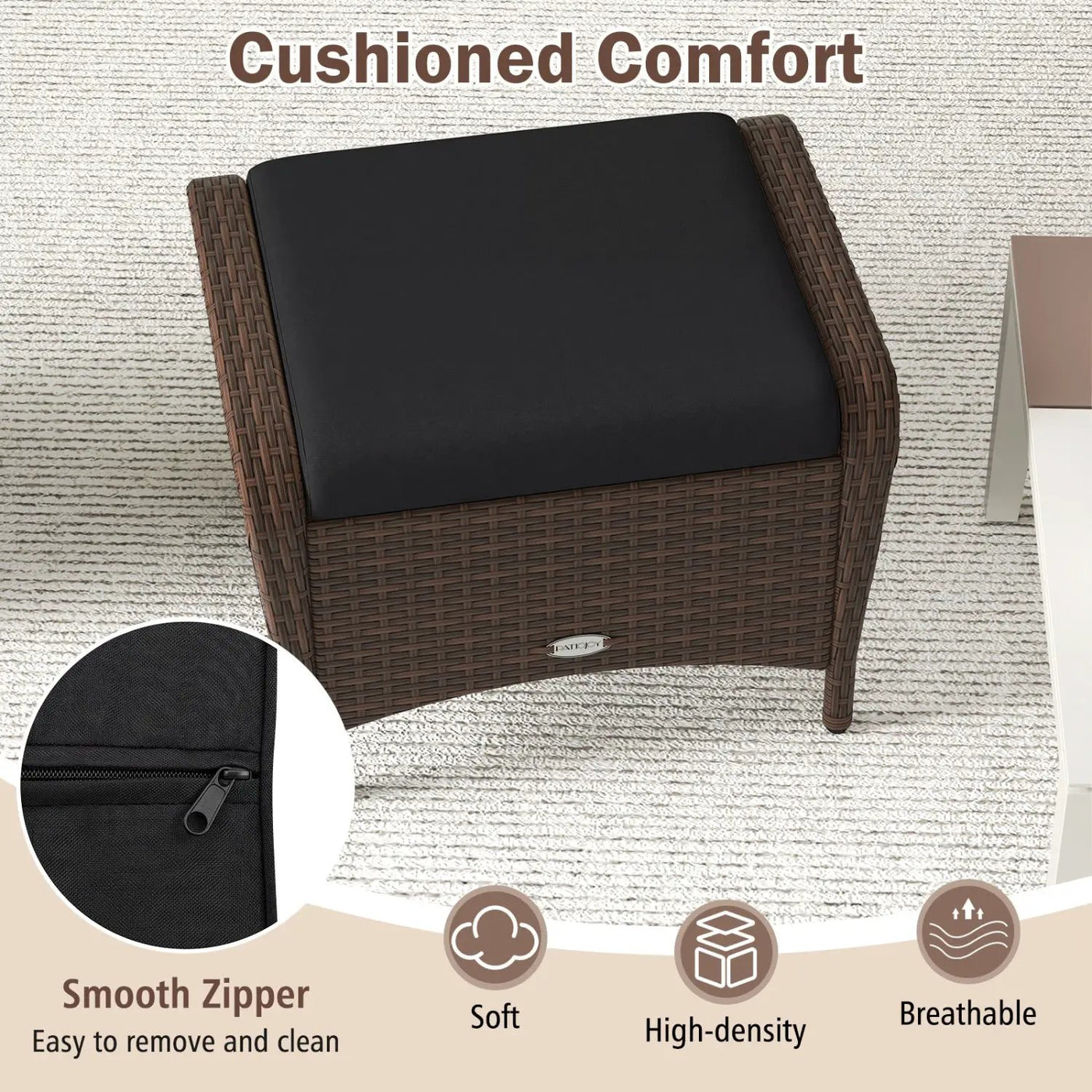 Outdoor PE Wicker Ottomans Set of 2 with Removable Cushions by DirectDeals