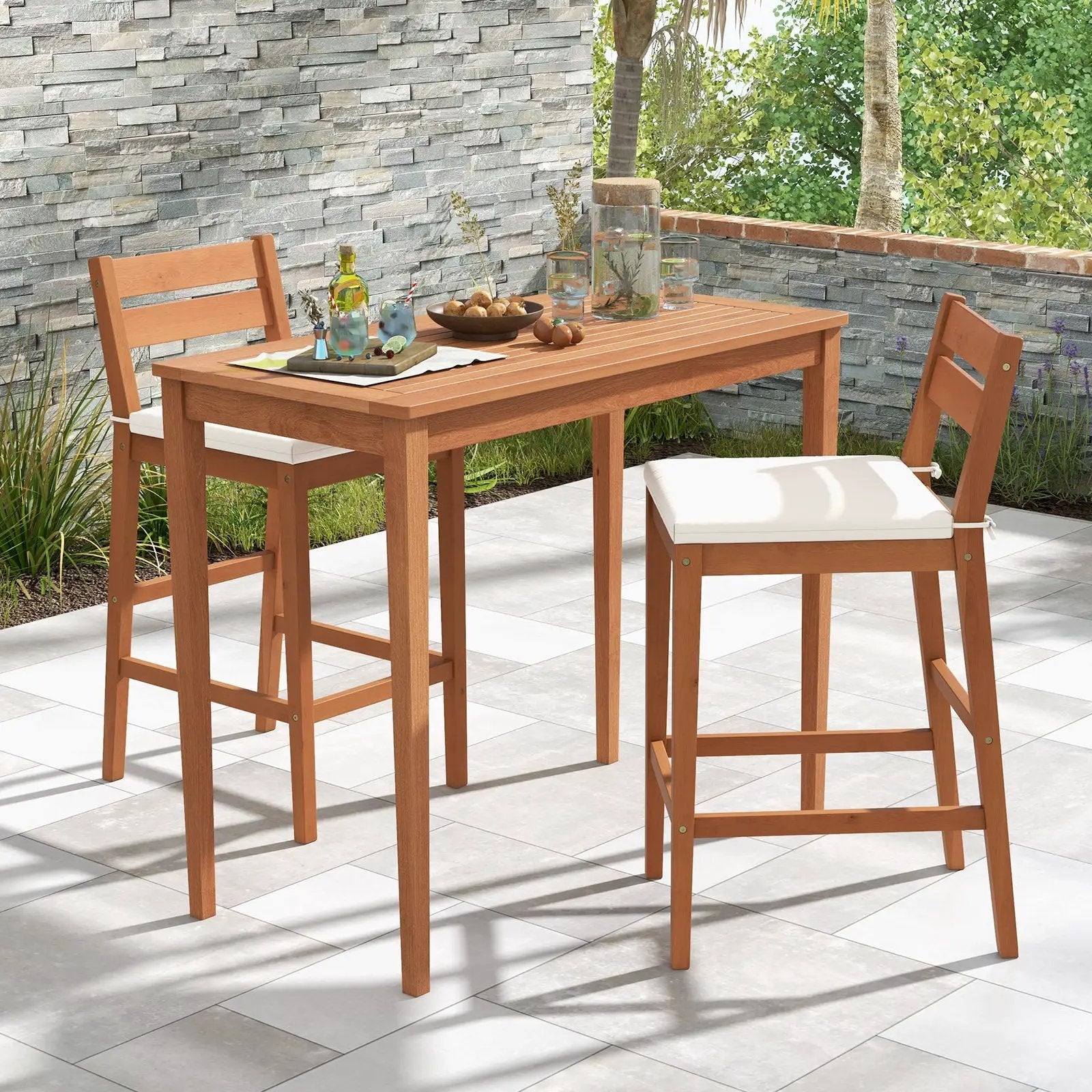 Set of 2 Outdoor Wood Barstools with Soft Seat Cushion-Off White by DirectDeals