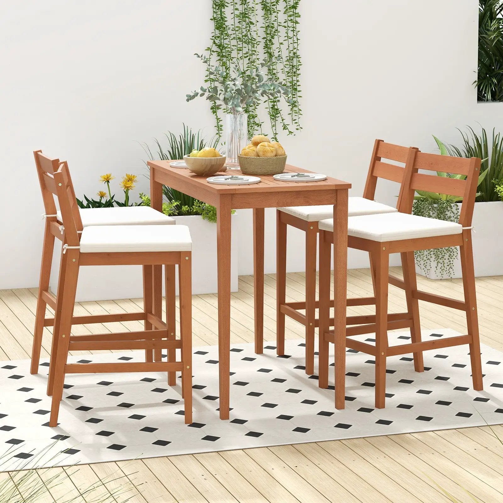 Set of 2 Outdoor Wood Barstools with Soft Seat Cushion-Off White by DirectDeals