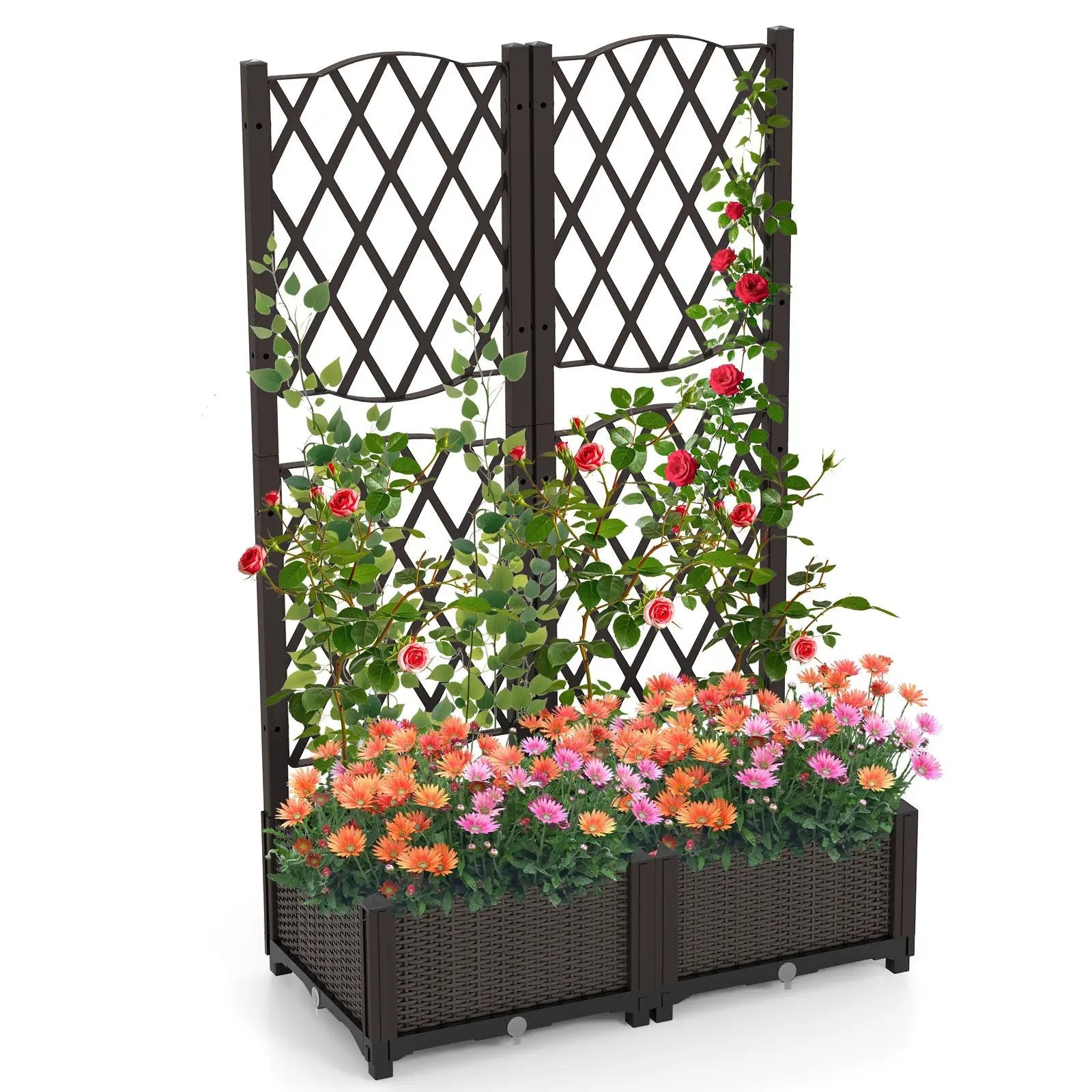 Set of 2 PE Rattan Raised Garden Bed with Trellis Planter Box for Climbing Plants-Rustic Brown by DirectDeals