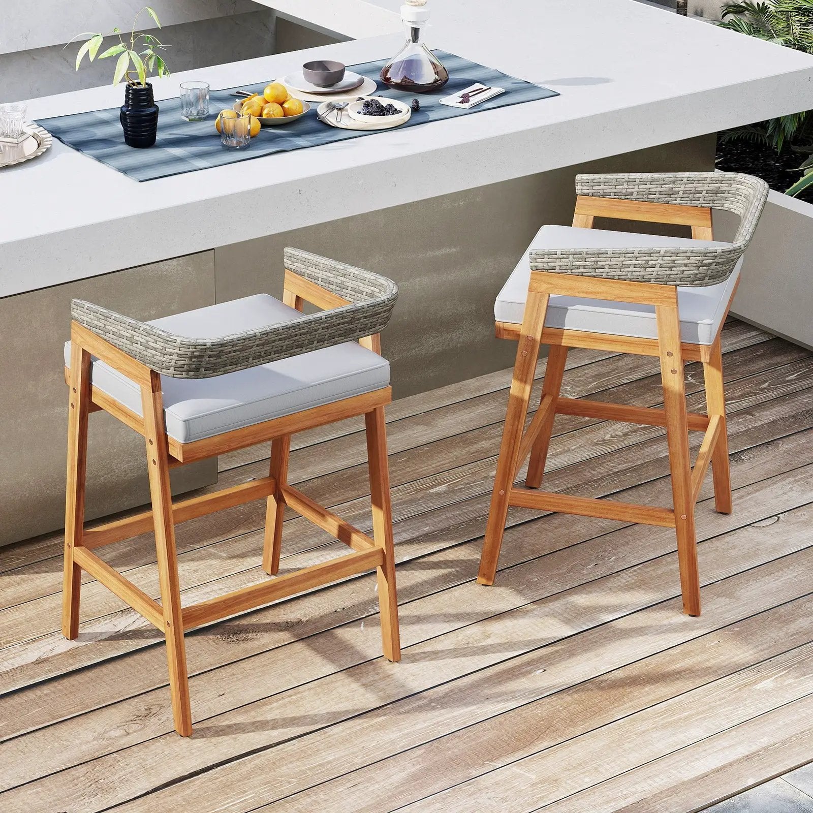Set of 2 Patio Acacia Wood Counter Height Bar Stools with Cushions and PE Wicker Backrests Footrests-Gray by DirectDeals