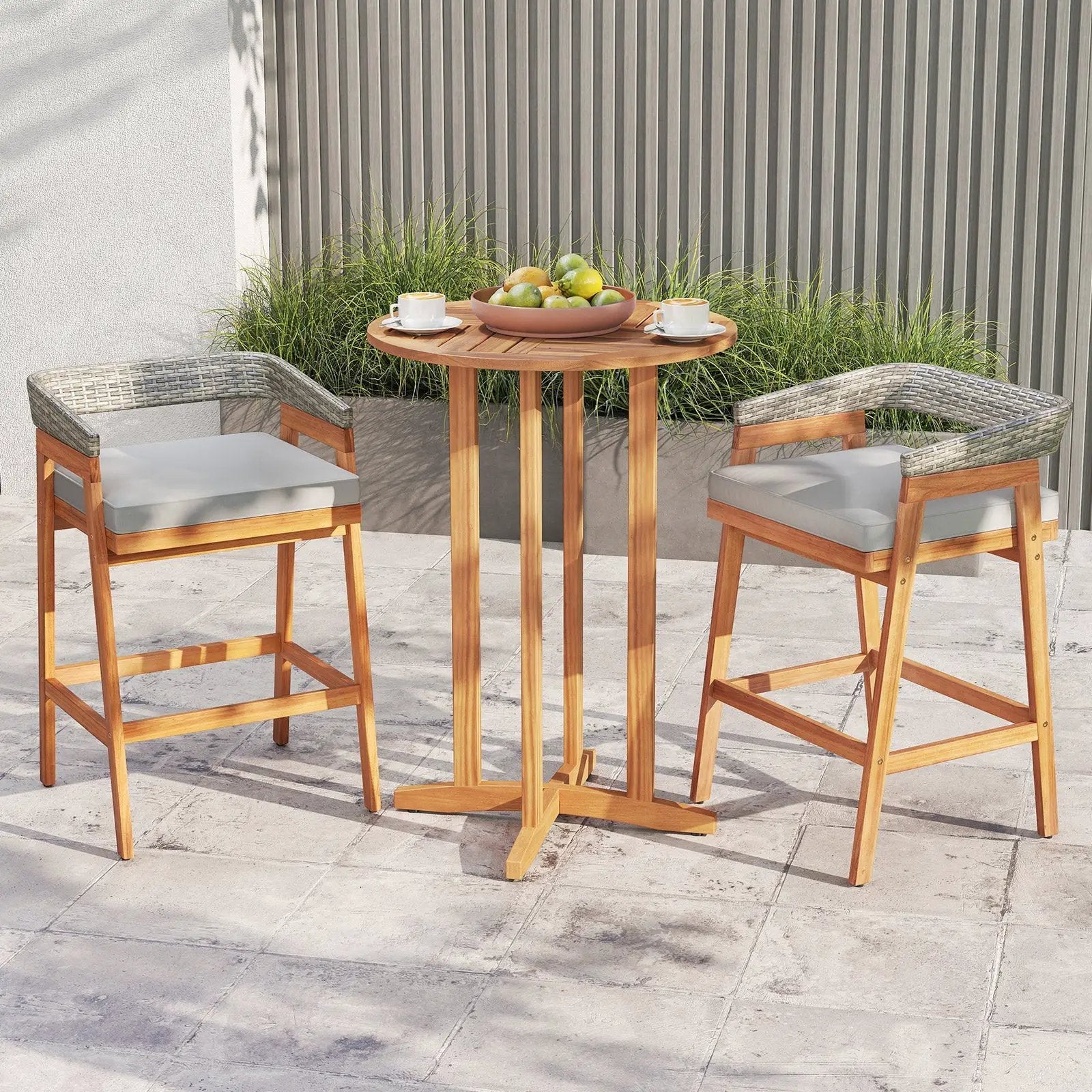 Set of 2 Patio Acacia Wood Counter Height Bar Stools with Cushions and PE Wicker Backrests Footrests-Gray by DirectDeals