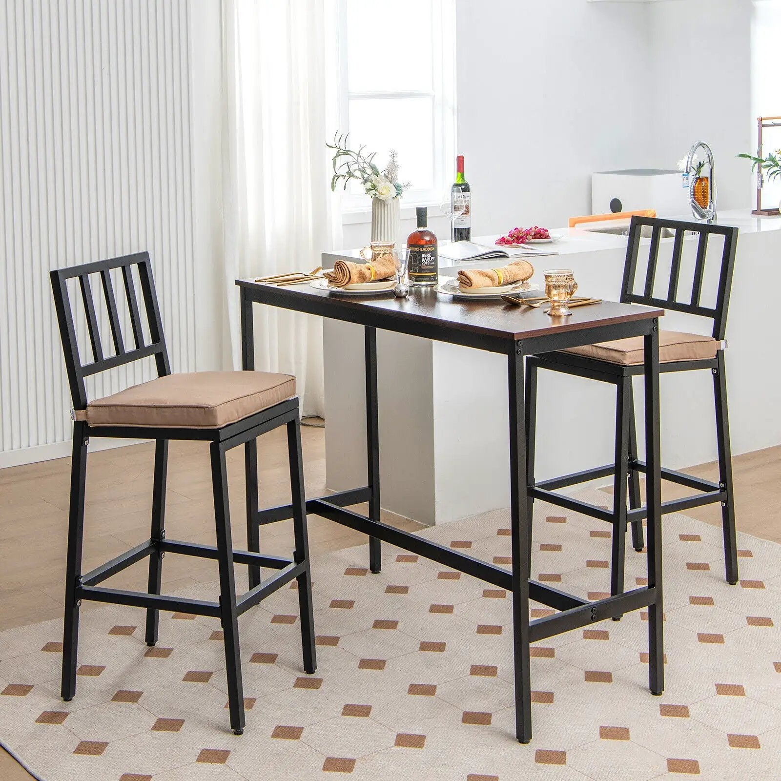 Set of 2 Patio Bar Chairs with Detachable Cushion and Footrest-Vertical Stripes by DirectDeals