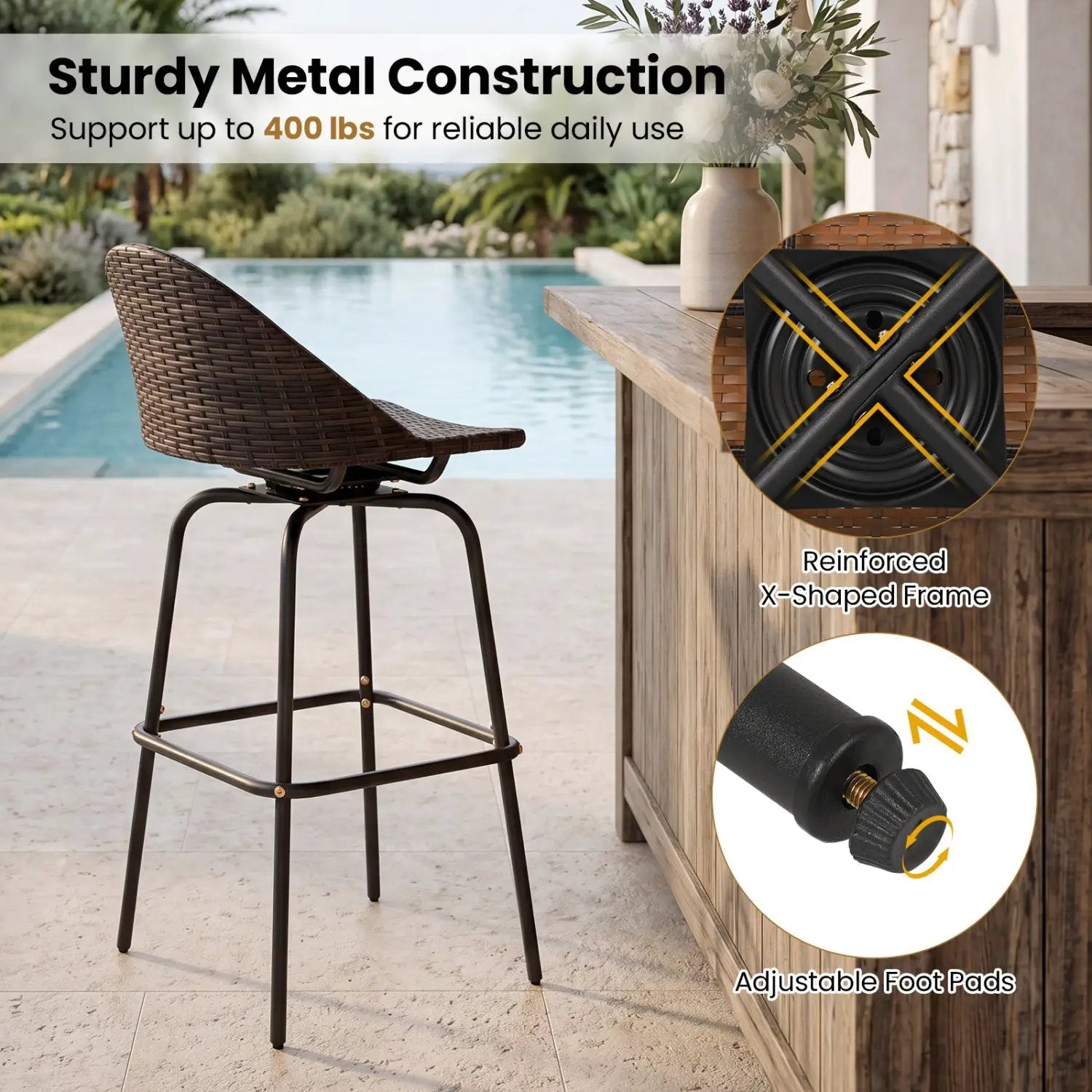 Swivel Patio Bar Stools Set of 2 with Rattan Seat 400 LBS by DirectDeals