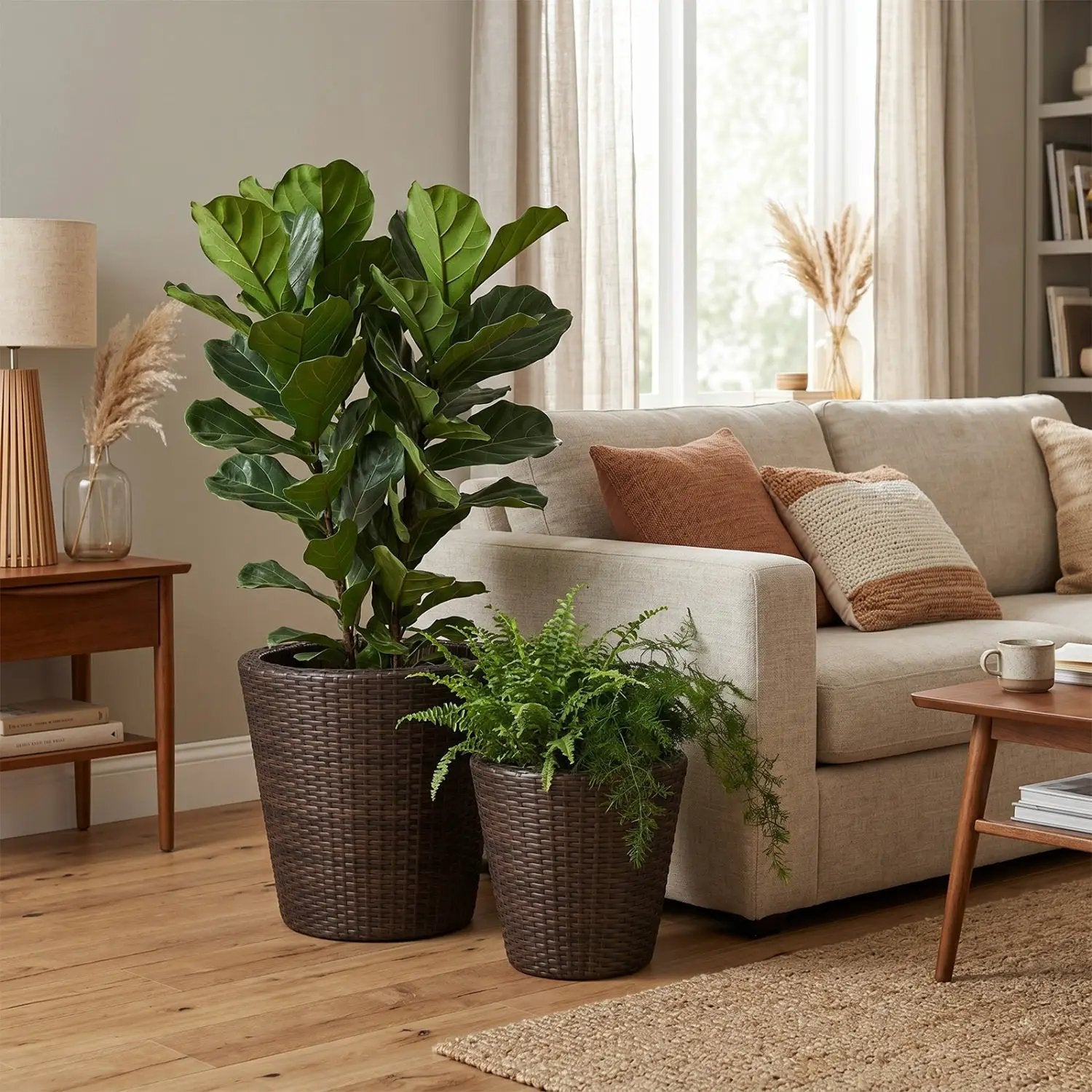 Rattan Planters Set of 2 with Drainage Holes and Saucers by DirectDeals