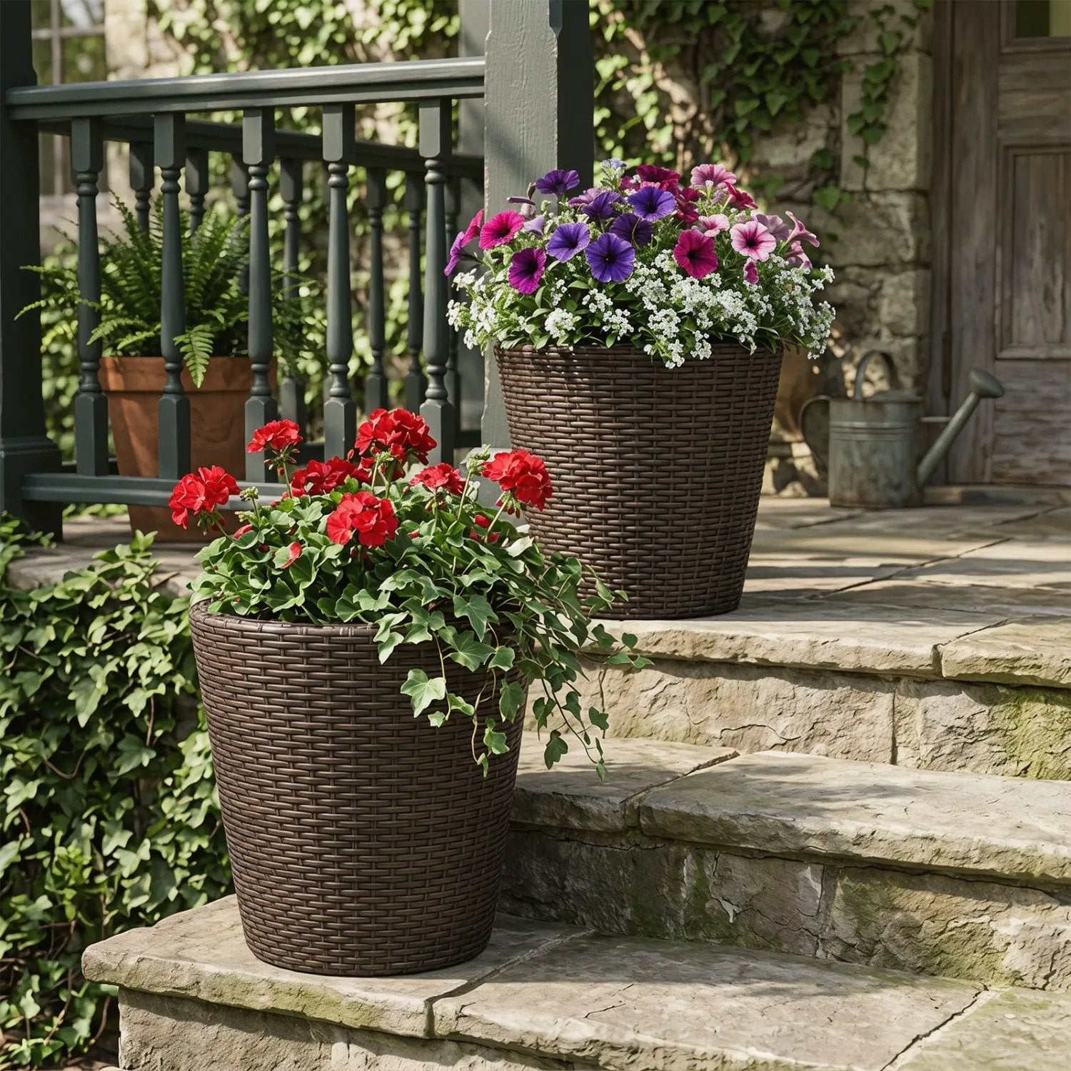 Rattan Planters Set of 2 with Drainage Holes and Saucers by DirectDeals