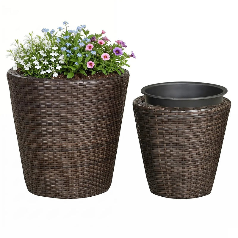 Rattan Planters Set of 2 with Drainage Holes and Saucers by DirectDeals