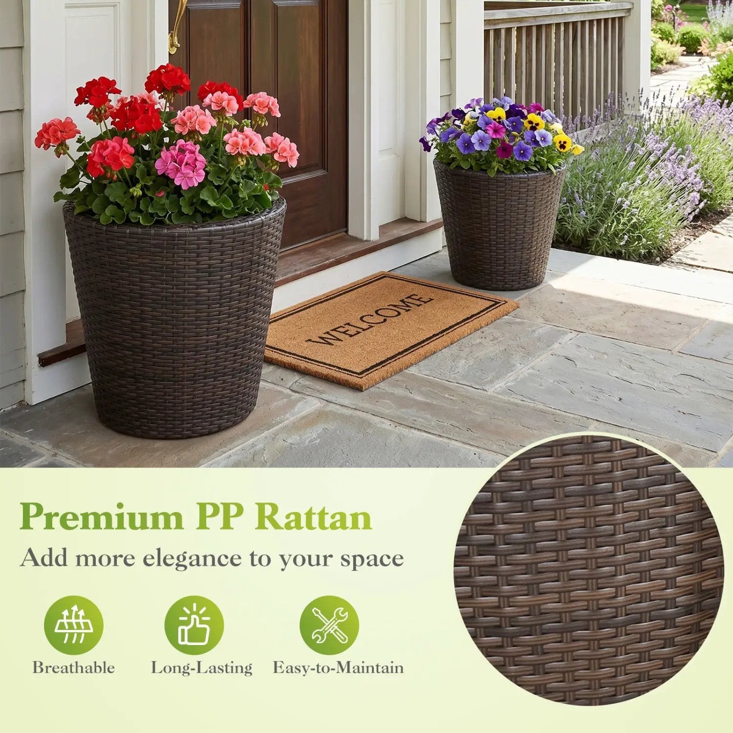 Rattan Planters Set of 2 with Drainage Holes and Saucers by DirectDeals