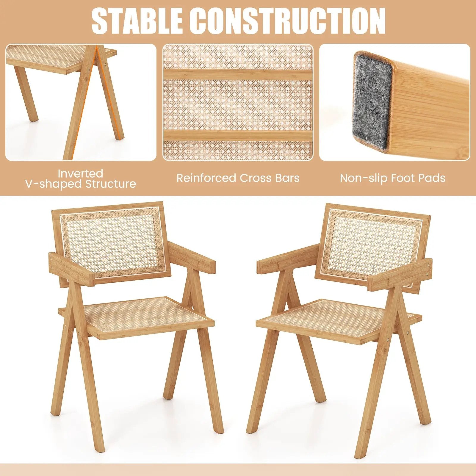 Set of 2 Rattan Accent Chairs with Natural Bamboo Frame-Natural by DirectDeals
